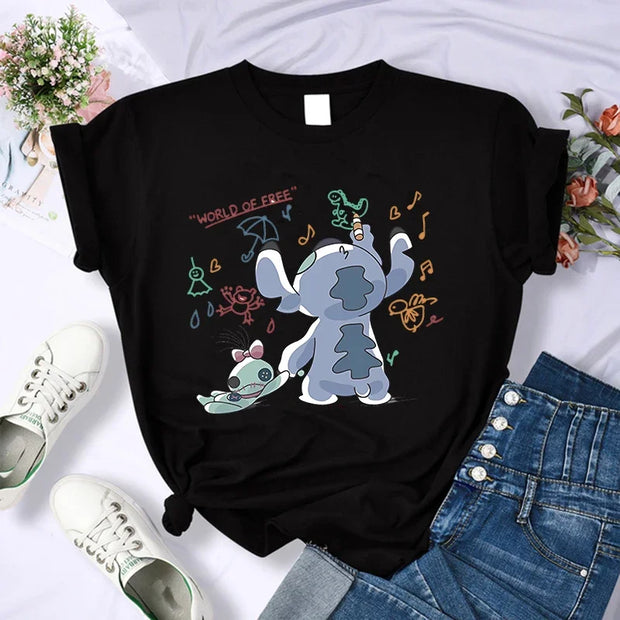 Kawaii stitch T Shirt Women Summer Tops Cartoon Heart Graphic Tees Cute Anime T-shirt Female Tshirt  Clothes