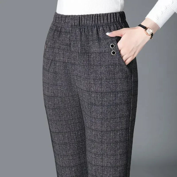 Fashion Women Vintage Slim Pants Spring Autumn Streetwear New Elastic High Waist Stripe Plaid Straight Casual Trousers Z817