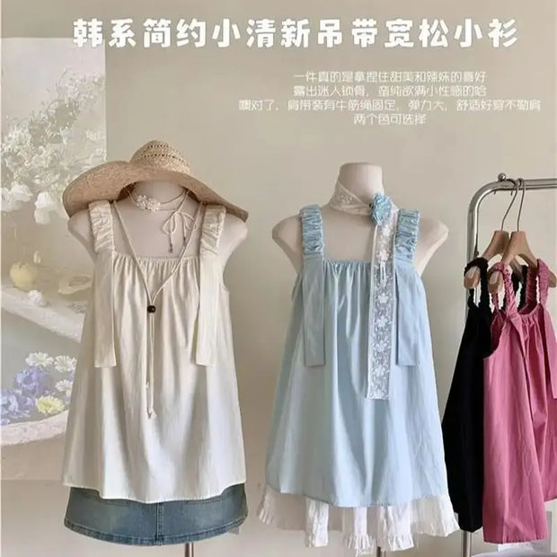 French sweet design pleated loose camisole women 2024 summer comfortable and fashionable tops