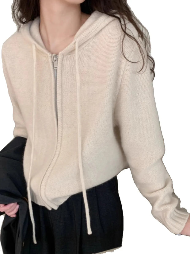 Western style zipper hooded pure cashmere knit cardigan women autumnwinter lazy loose hoodie woolen hoodie sweater coat