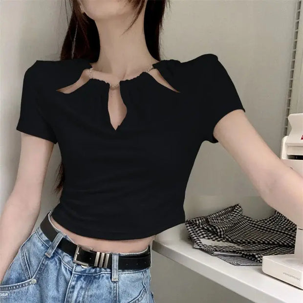 Apricot short-sleeved T-shirt women's summer hot girl high-waisted chain design hollow short top