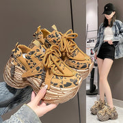 High Platform Sneakers 8CM Wedge Heels Leather Walking Shoes Woman New Autumn Leopard Vulcanize Shoes Female Chunky Sneakers