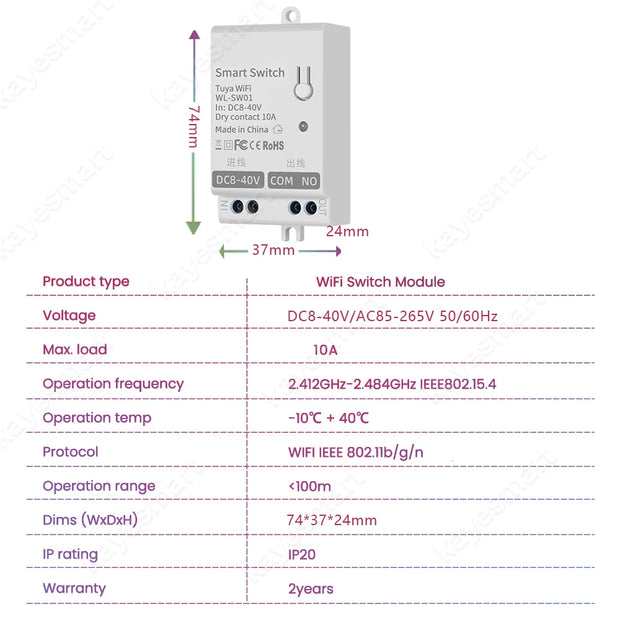 Tuya WiFi Smart Switch Module Dry Contact 10A Smart Home DIY Breaker Relay DC 8-40V AC 85-265V Works with Alexa Google Assistant