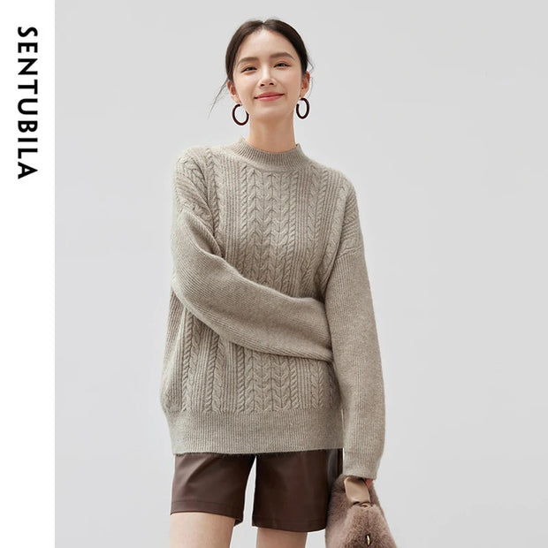 SENTUBILA Women Oversized Sweater Loose Pullovers 2024 Winter Warm Knitwear Long Sleeve Cable Knit Top Female Jumpers W44E57203