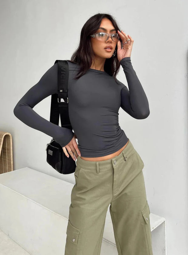 Women's Long Sleeved T-Shirt Spring And Autumn Solid Color Slim Fit Pullover Women's Basic T-Shirt Y2k Clothes Street Wear