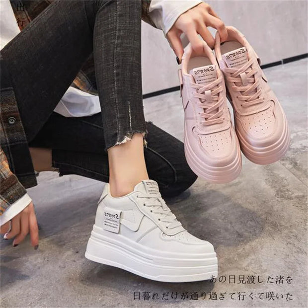 8cm Cow Genuine Leather Women Skate Boarding High Brand Chunky Sneaker Casual Vulcanized Shoes Platform Wedge Stable Shoes