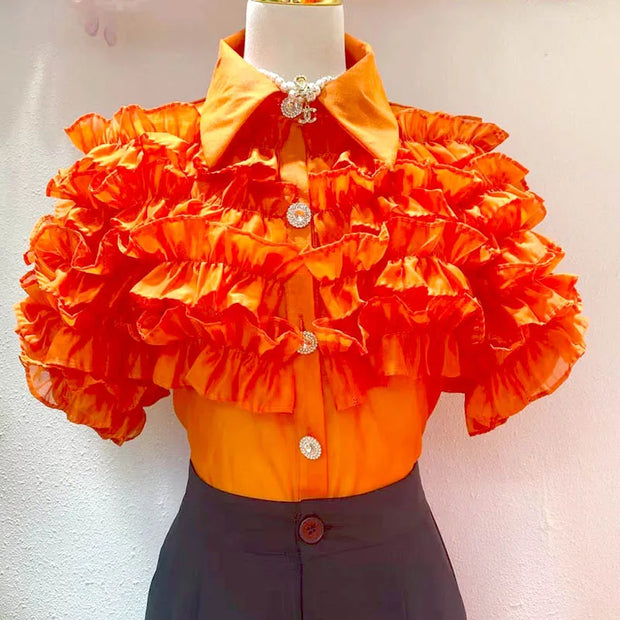 Women Elegant Chic French Beautiful Blouses 2023 Summe Ruff 3D Flower Short Sleeve Female Shirts and Blouse Top Free Clothing