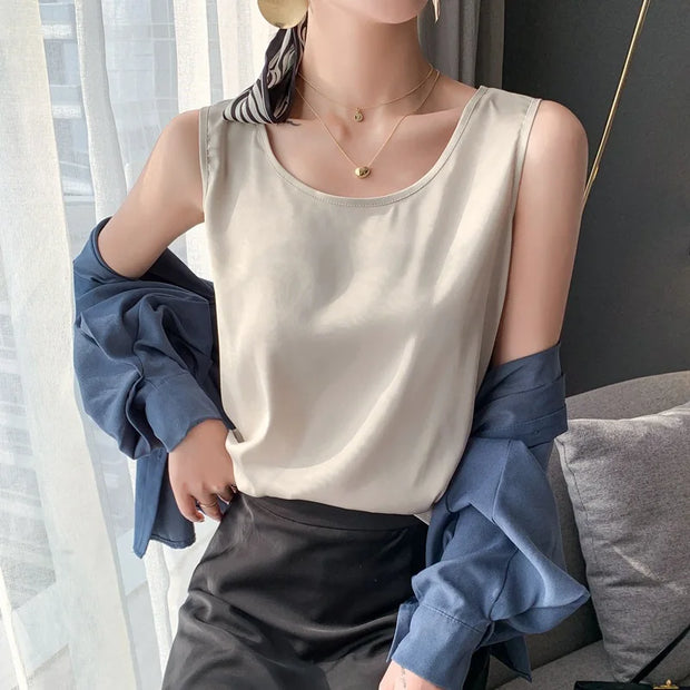 2024 New Fashion Silk Thin Short Sleeve Tees Slip Woman Summer Clothes Elegant Tops Solid Loose Casual Camisole T-shirt