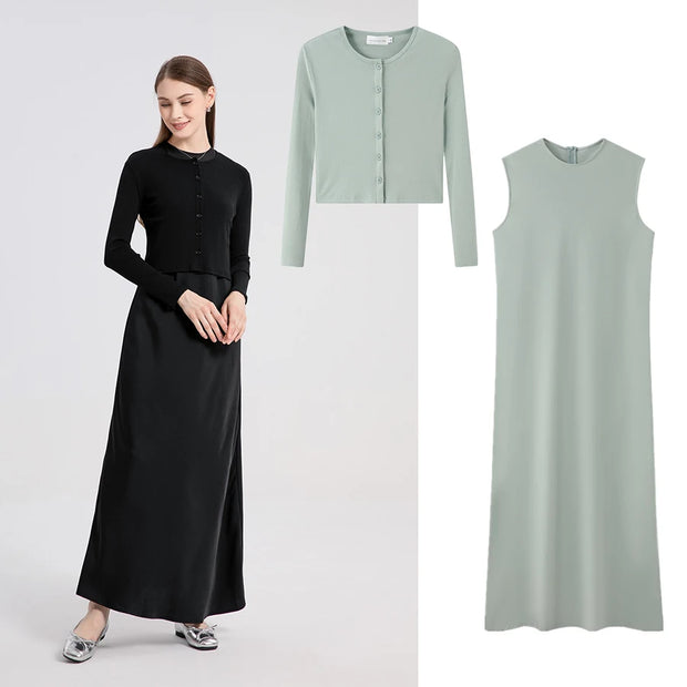 AS 2024 woman clothing high Stretch ribbing closed-fit wrap tops + Matte Satin dress Maxi matching sets  ( Ship out in 1 day)