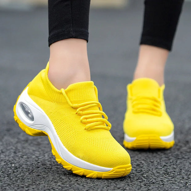 Women Casual Shoes Yellow Walk Shoes Arch Support Casual Sneakers Air Cushion Sport Running Shoes Breathable Autumn Sock Sneaker