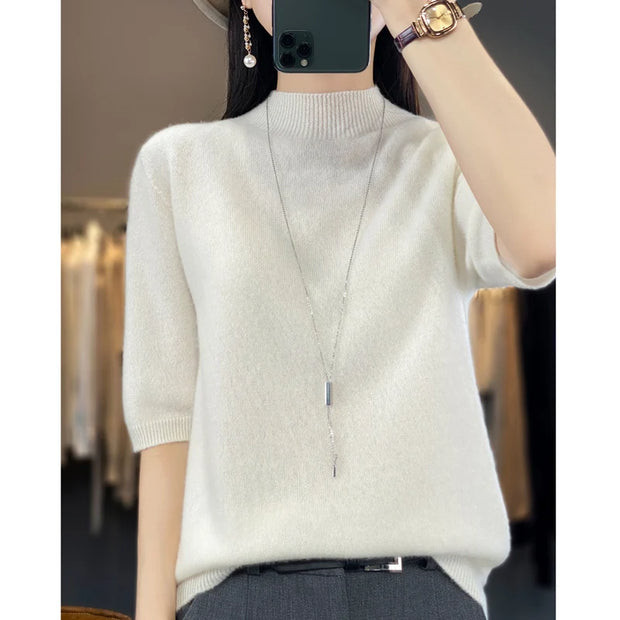 First-line ready-to-wear 100% pure sweater women's semi-turtle neck short-sleeved loose sweater semi-sleeve bottoming shirt