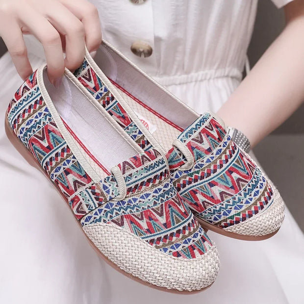 2025 Spring Flat Shoes Ethnic Canvas Casual Womens Shoes Comfortable Non-slip Fisherman Shoes Untied Oxbow Single Sneakers