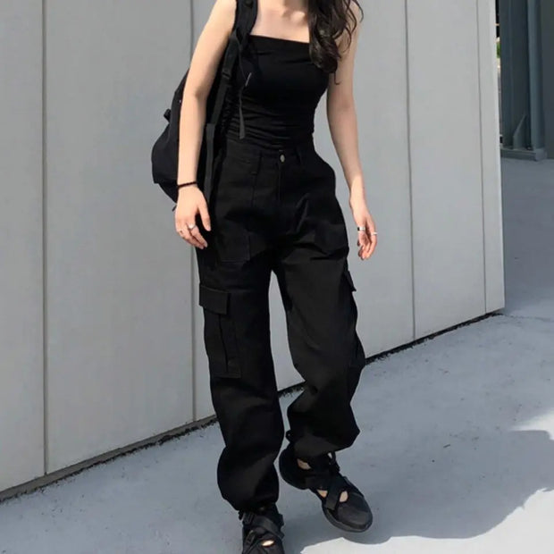 Fall 2020 Women Harajuku Style Designer White Pants Neutral Handsome Cargo Pants Casual Korean Chic Retro Utility Pants Women