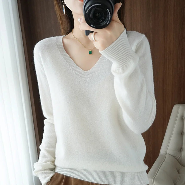 New Cashmere Women's V-neck Pullover Lace Neck Hollow Out Design Casual Knitted Long Sleeve Women's Sweater Autumn And Winter