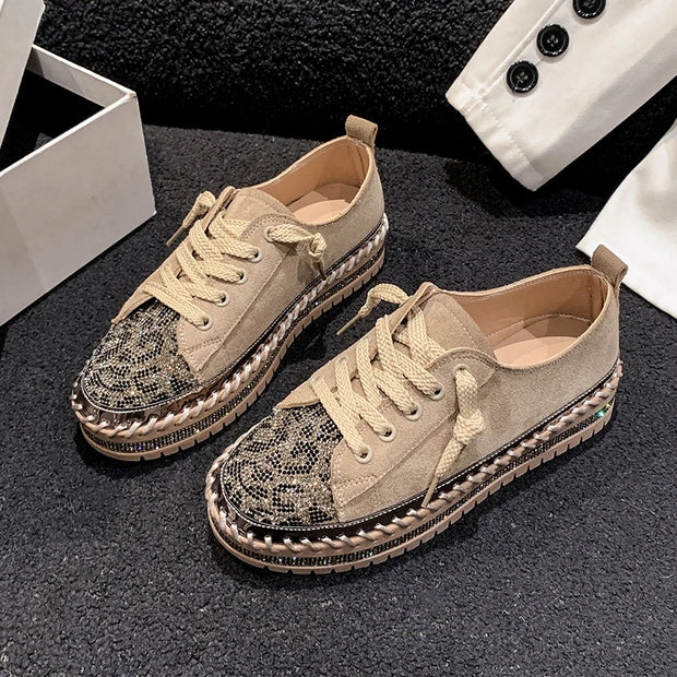 Autumn Suede Loafers Crystal Luxury Flat Shoes Designer Lace Fashion Leopard Pattern Women's Casual Sports Shoes Zapatos Mujer