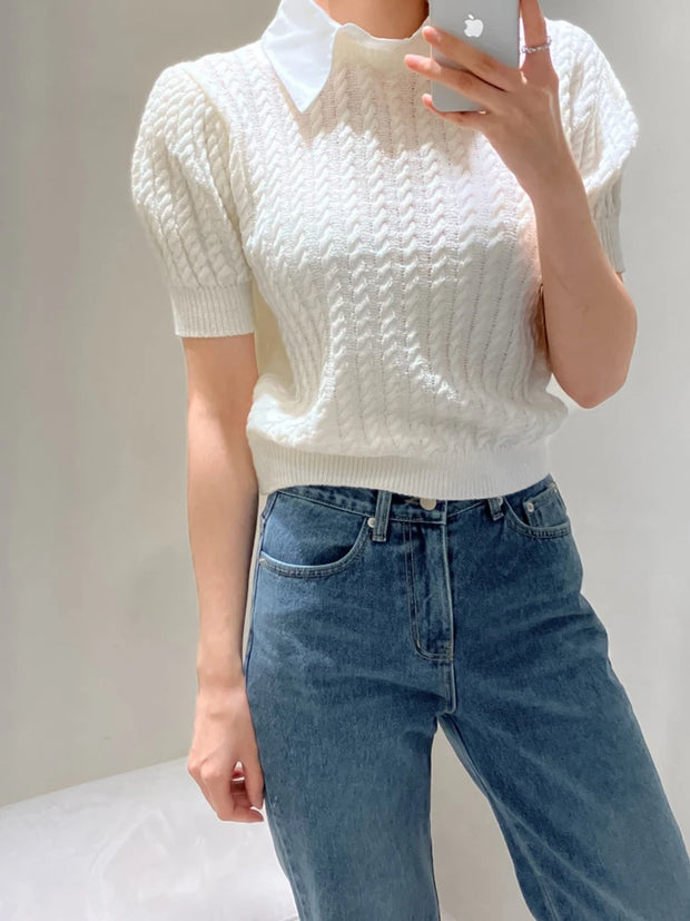 Casual Tees Slim Puff Sleeve Women Short Sleeve Crop Top Turn-down Collar Fake Two Pieces T-shirts Y2K Streetwear 2023 Summer