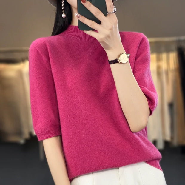 First-line ready-to-wear 100% pure sweater women's semi-turtle neck short-sleeved loose sweater semi-sleeve bottoming shirt