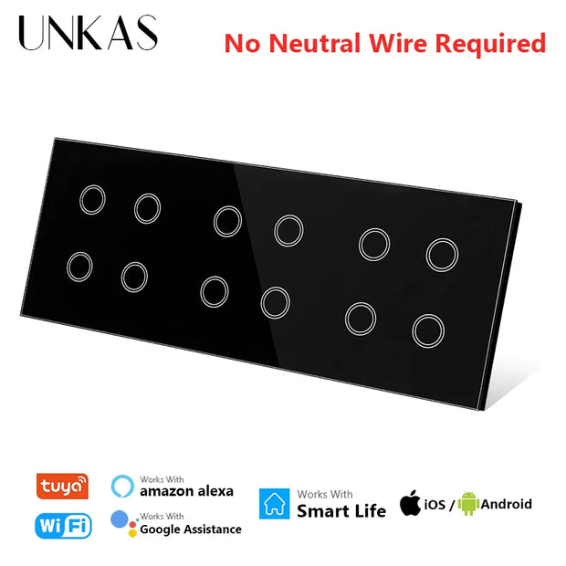 UNKAS 3 / 6 / 9 / 12 Gang WiFi Touch On / Off Smart Light Switch 228mm White Black Class Panel Outlet Single Fire Line