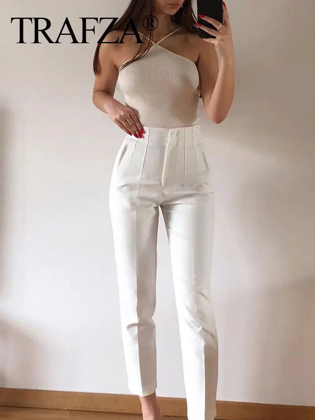 TRAFZA Women Elegant Solid Pencil Pants High Waist Pant For Women Casual Streetwear Woman Trousers Office Wear Chic Pant