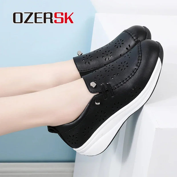 OZERSK Women Casual Shoes Quality Cow Leather Comfortable Soft Summer Breathable Office Leisure Walking Work Shoes Size 35-40