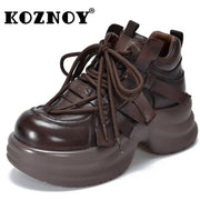 Koznoy 6.5cm Cow Genuine Leather Booties Flats Ankle Boots Autumn Spring Platform Wedge Women Chunky Sneaker Loafers Comfy Shoes