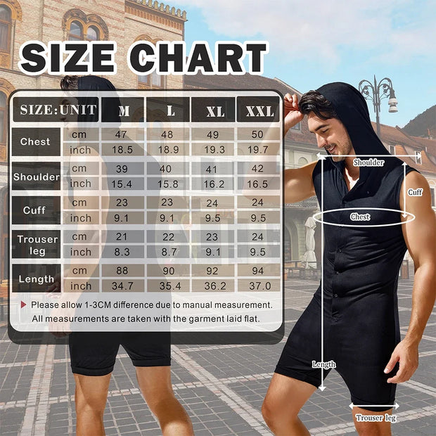 Men Casual Shorts Jumpsuit Tight Fashion Sleeveless Bodysuit Button Hooded Rompers Short Pant Homewear Tracksuit Pajamas Leotard