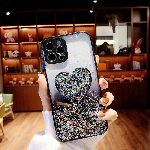 Buy 1 Get 1 Free Sequins Glitter Case with Love Stand for iPhone