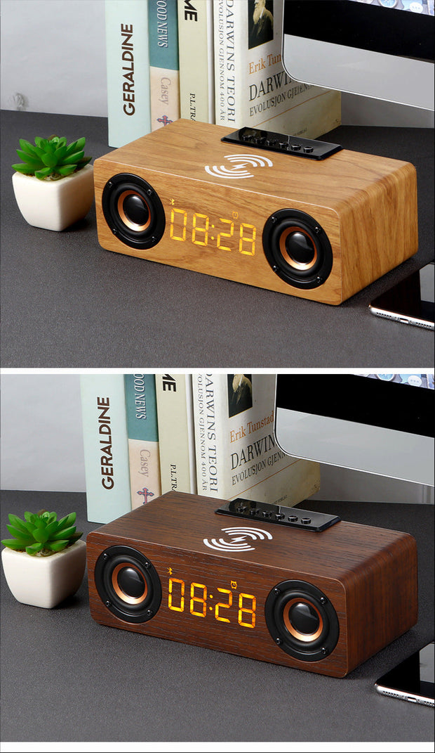 Wooden Retro Theme Wireless Charger Bluetooth Speaker Alarm Clock