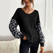 Womens V Neck Sweater With Leopard Print Sleeves