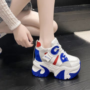 Women Walking Sneakers New Autumn Lace-up High Platform Chunky Shoes Breathable Leather Shoes 10.5CM Wedge Heels Casual Shoes