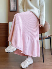 Women's Winter Skirts Elastic High Waist A-LINE Knitted White Skirt Korean Fashion Big Pendulum Pleated Long Skirts for Women