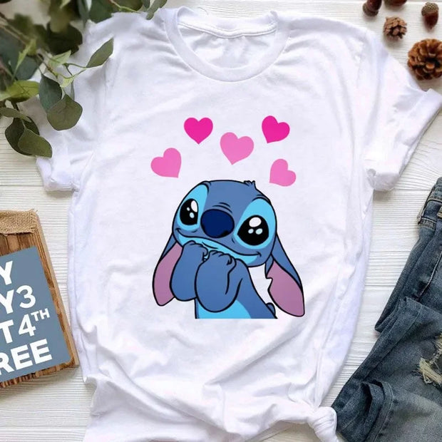 Kawaii stitch T Shirt Women Summer Tops Cartoon Heart Graphic Tees Cute Anime T-shirt Female Tshirt  Clothes