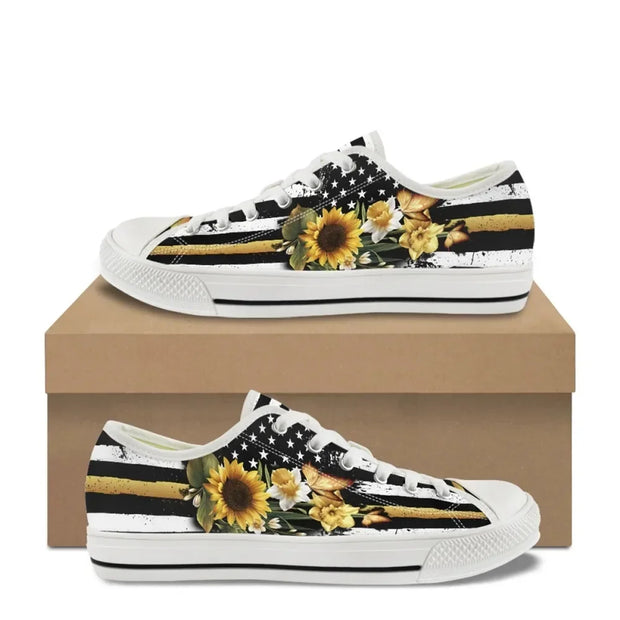 Custom Made Sunflower American Flag Design Lightweight Canvas Low Top Shoes Outdoor Walking Footwear Soft Sole Casual Sneakers