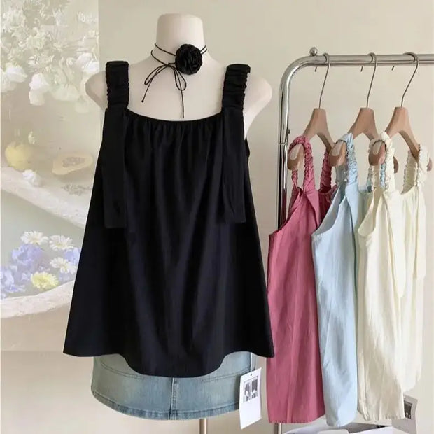 French sweet design pleated loose camisole women 2024 summer comfortable and fashionable tops