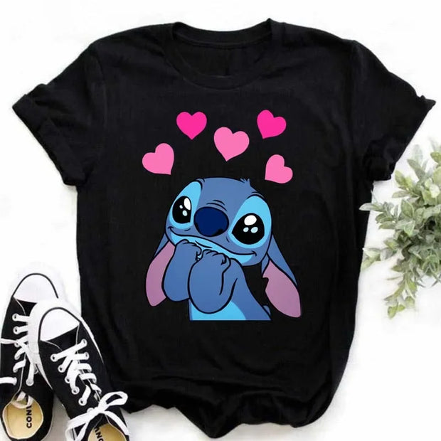 Kawaii stitch T Shirt Women Summer Tops Cartoon Heart Graphic Tees Cute Anime T-shirt Female Tshirt  Clothes