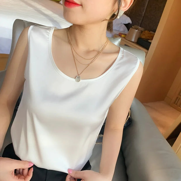 2024 New Fashion Silk Thin Short Sleeve Tees Slip Woman Summer Clothes Elegant Tops Solid Loose Casual Camisole T-shirt