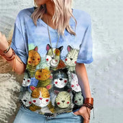 Retro Women's T Shirt Anime Cat Graphic Girl Clothes Summer V-neck Short Sleeve Tees Female Harajuku Streetwear Oversized Blouse