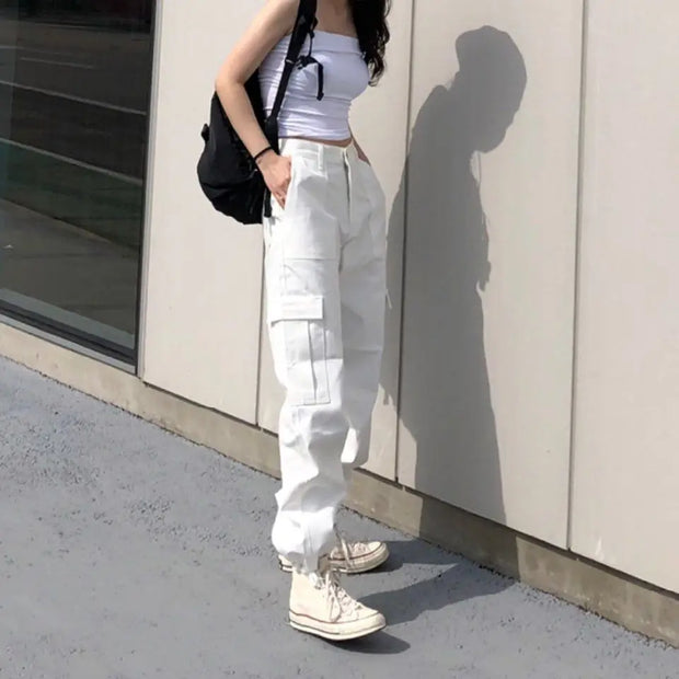 Fall 2020 Women Harajuku Style Designer White Pants Neutral Handsome Cargo Pants Casual Korean Chic Retro Utility Pants Women