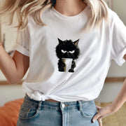 2024 Ladies Spring/Summer New 3d Cartoon Print Cute cat Short-sleeved Casual Crew Neck Top Fashion Loose Fun Clothing