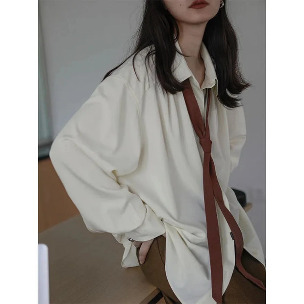 2024 Autumn Minimalist Long Sleeve Button Up Shirt Women Korean Style Solid Tie Oversize Shirts Blouse Loose Clothes Autumn Tops