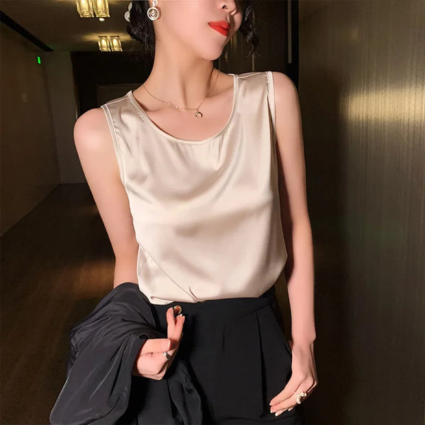 2024 New Fashion Silk Thin Short Sleeve Tees Slip Woman Summer Clothes Elegant Tops Solid Loose Casual Camisole T-shirt