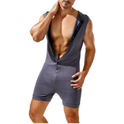 Men Casual Shorts Jumpsuit Tight Fashion Sleeveless Bodysuit Button Hooded Rompers Short Pant Homewear Tracksuit Pajamas Leotard