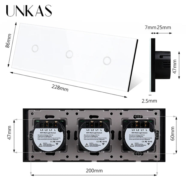 UNKAS 3 / 6 / 9 / 12 Gang WiFi Touch On / Off Smart Light Switch 228mm White Black Class Panel Outlet Single Fire Line