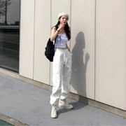 Fall 2020 Women Harajuku Style Designer White Pants Neutral Handsome Cargo Pants Casual Korean Chic Retro Utility Pants Women