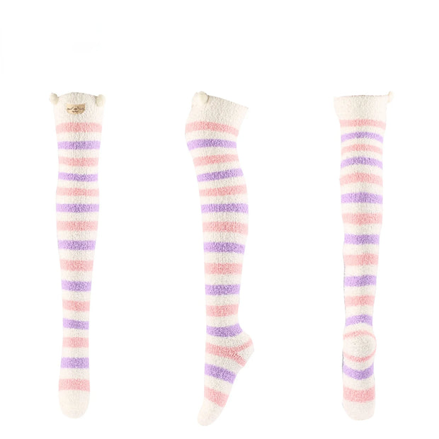 Thick Over The Knee Socks Women Striped Thigh Highs Cute Socks Kawaii Panda Fox Stockings Women's Warm Floor Towel Socks