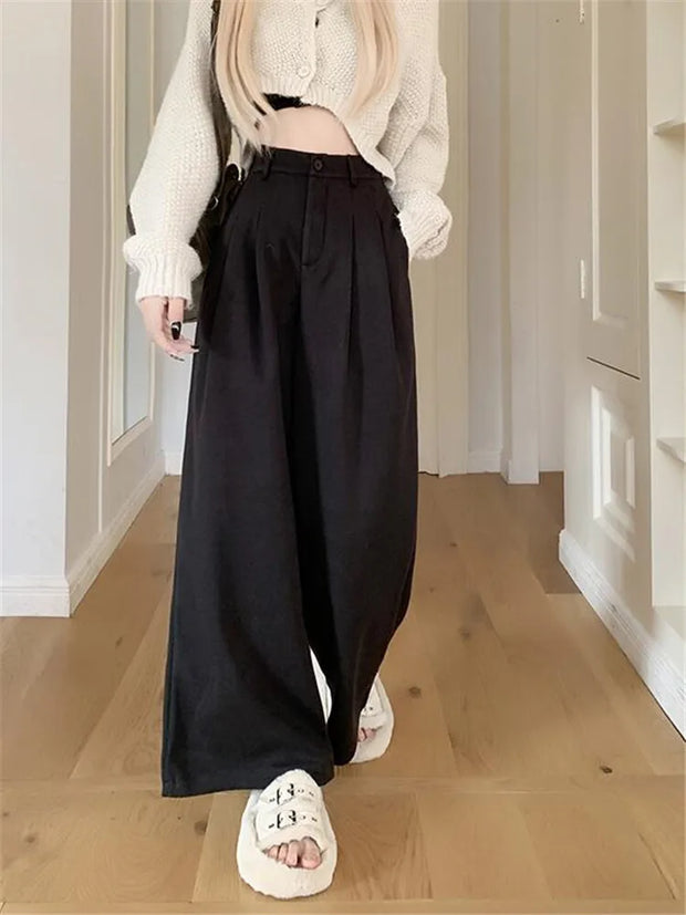 Gray Woolen Casual Pants Wide Leg Pants Women's Winter High Waist Hanging Feeling Slimming Straight Leg Pants