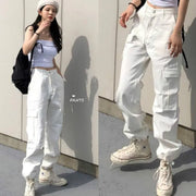 Fall 2020 Women Harajuku Style Designer White Pants Neutral Handsome Cargo Pants Casual Korean Chic Retro Utility Pants Women