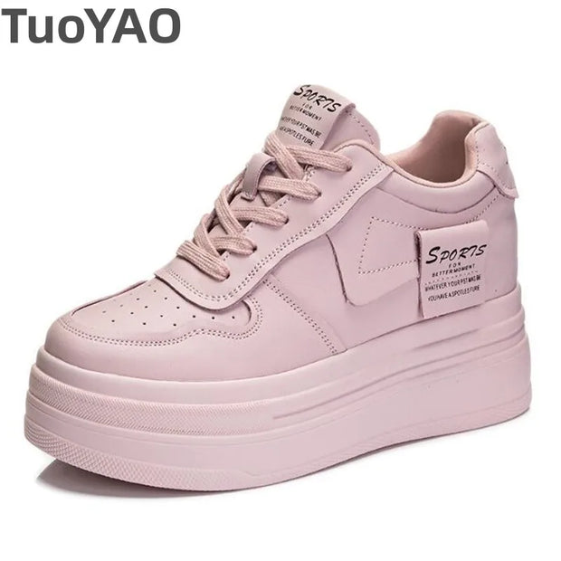 8cm Cow Genuine Leather Women Skate Boarding High Brand Chunky Sneaker Casual Vulcanized Shoes Platform Wedge Stable Shoes