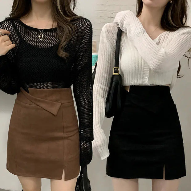 Korean Fashion Autumn Winter Woolen Women Solid Zipper Asymmetrical Split Temperamen High Waist Short Slim A-line Hip Wrap Skirt