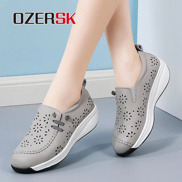 OZERSK Women Casual Shoes Quality Cow Leather Comfortable Soft Summer Breathable Office Leisure Walking Work Shoes Size 35-40